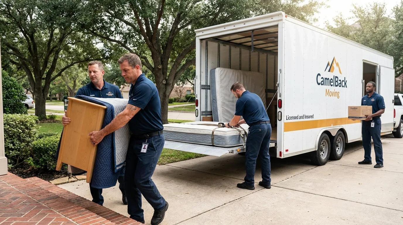 Crew loading residential truck for cross-state move from Stuttgart, AR