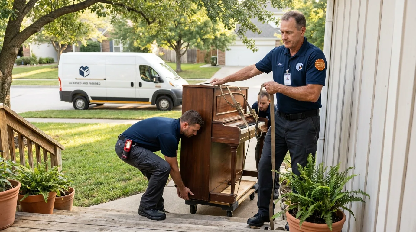 Licensed piano movers securing grand piano in Stuttgart, AR
