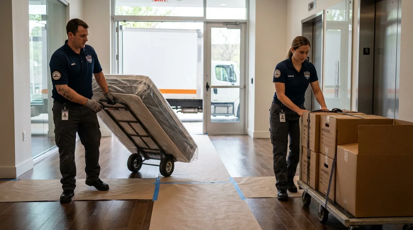Professional apartment movers loading elevator in Stuttgart, AR